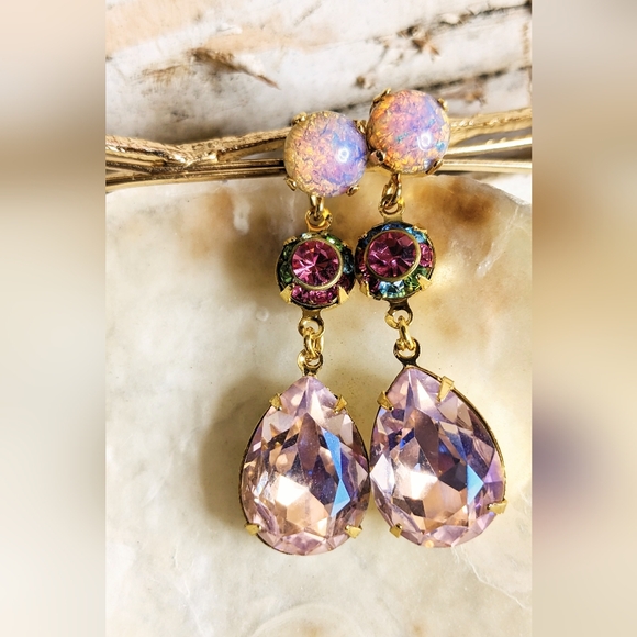 Pink Mystic Fire Opal & Swarovski Flower And Large Pink Crystal Earrings - Picture 3 of 7